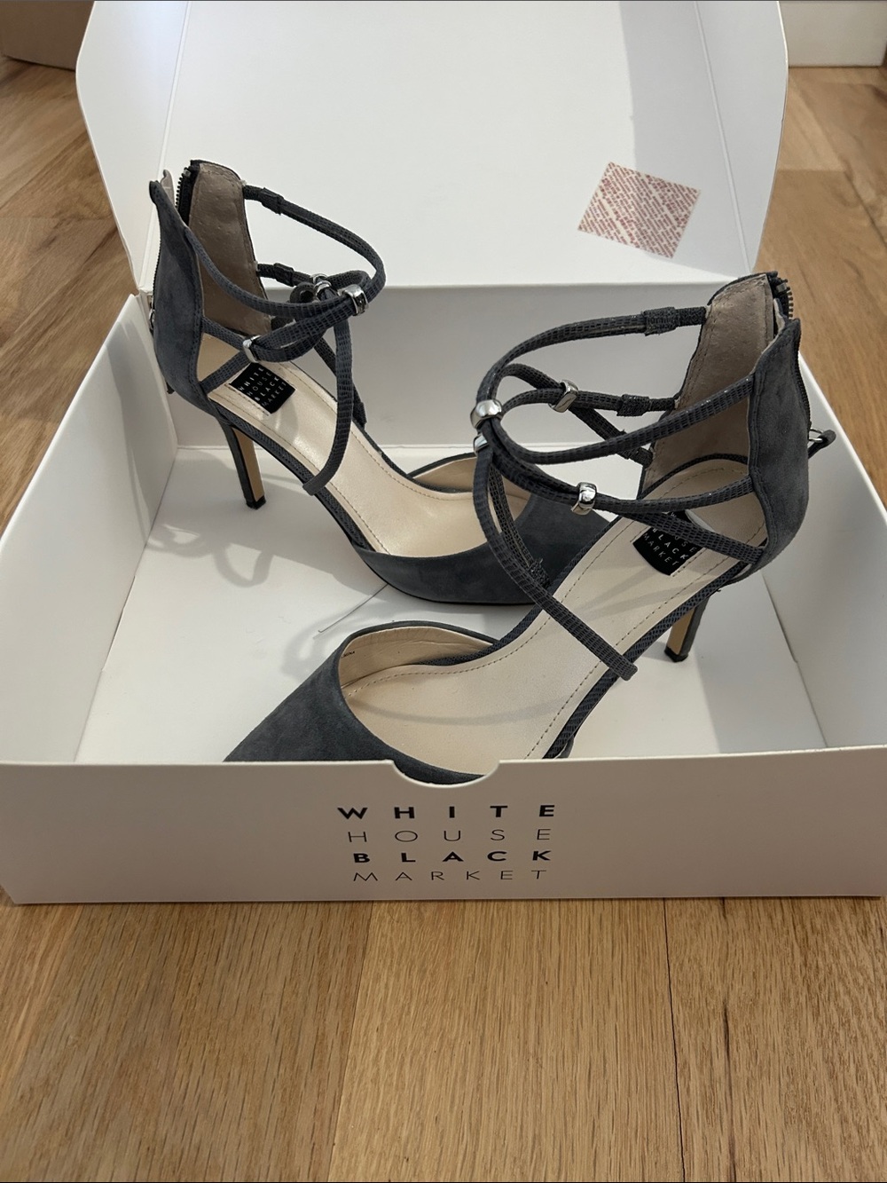 White House Black Market Dark Gray Strappy Ankle Tie Heels